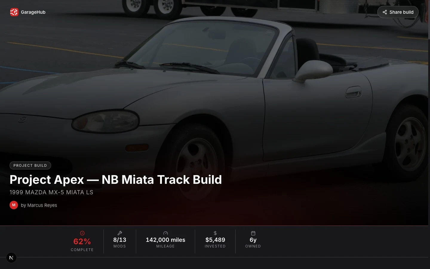 A public GarageHub build page for a Mazda MX-5 Miata track build, shown in a desktop browser
